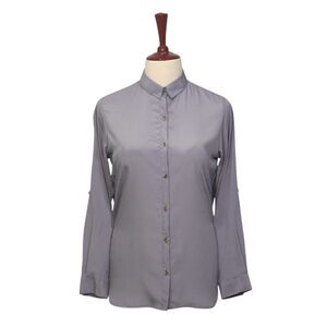 Womens Silky Crinkle Shirt Gray Blouse Button Up Casual Dressy Top Medium Work